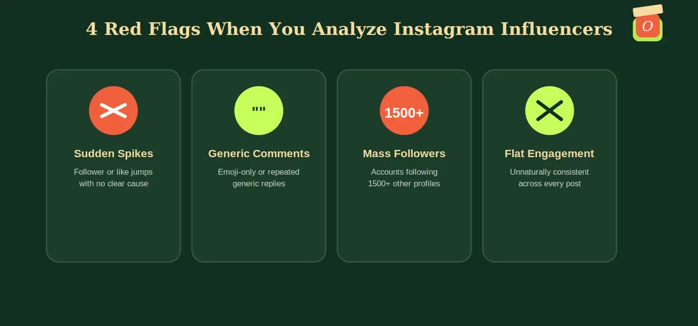 Diagram of red flags to check when you analyze Instagram influencers for fake followers